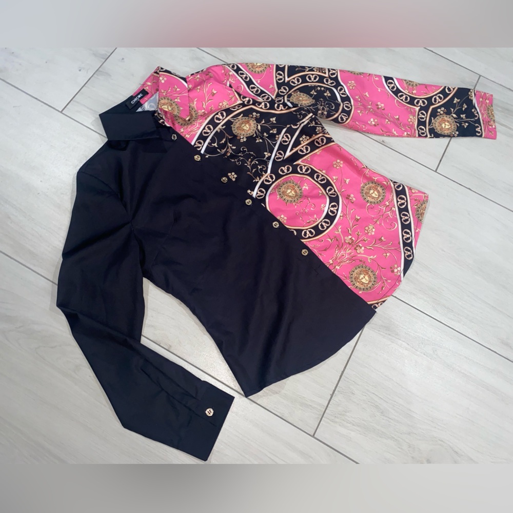 chic Black & Pink Mixed-Print Button Down Shirt